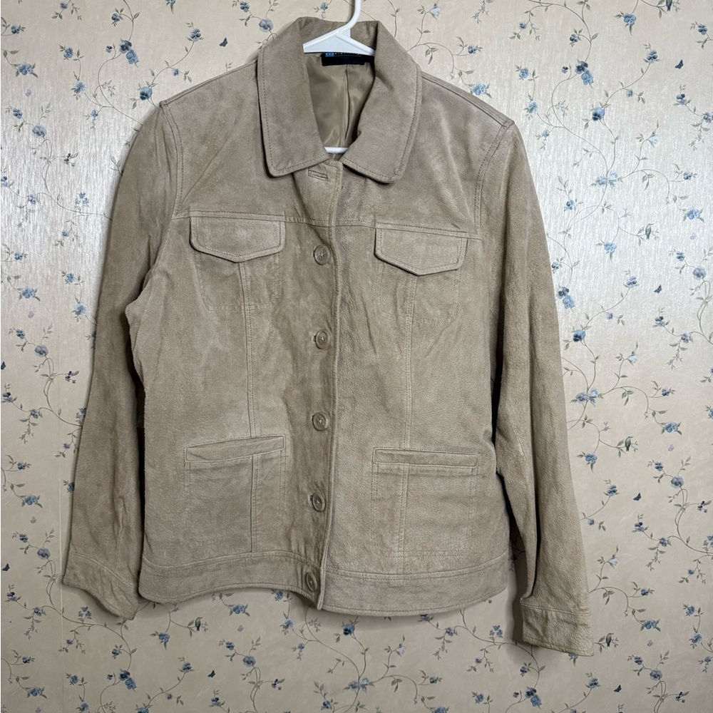 Relativity suede genuine leather tan/cream Y2K button down jacket coat large